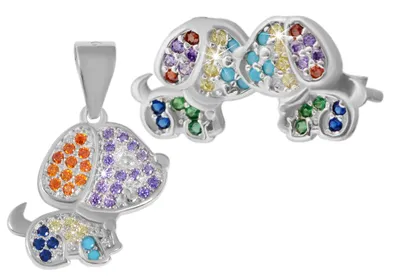 Produktbild von Silber Schmuck-Set, Anhänger,Ohrstecker Kleiner Hund mit bunten Steinen  ,925/rhodiniert