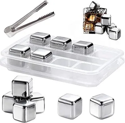 Produktbild von 8 Stück Whisky Steine Edelstahl Eiswürfel 304 Eiswürfelform wiederverwendbar Eiswürfel Clip+Box Edelstahls-Kühlsteine Edelstahl Eiswürfelbox Eingefroren Eiswürfelbehälter Kühlsteine für Whisky Gin Rum