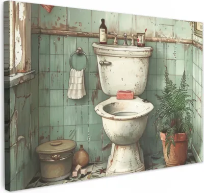 Produktbild von MuchoWow® - Leinwandbilder - Vintage - Toilette - Illustration, Wandbild, Wanddeko Bilder Wohnzimmer, 60x40 cm