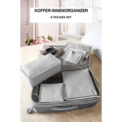 Produktbild von Koffer-Organizer Set 6-teilig – Reisebeutel grau gepunktet – Packtaschen mit Reißverschluss – Kofferorganizer ohne Netz Reisegepäck Innenorganizer Set