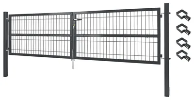 Obrázok produktu pre Záhradná brána Brána záhradný plot plot 300x80 cm dvojkrídlová kovová záhradná brána pre plot z pletiva Uzamykateľná vrátane stĺpika Sivá V2Aox