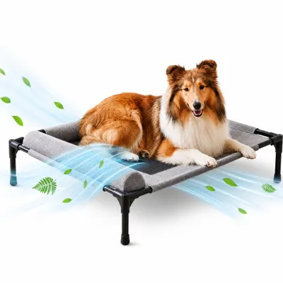 Produktbild von Hundeliege Hundebett Katzenbett Schlafplatz Relaxliege mit L-förmiges Nackenkissen, Atmungsaktive, Abnehmbar Waschbar, 66×45×17cm, Grau