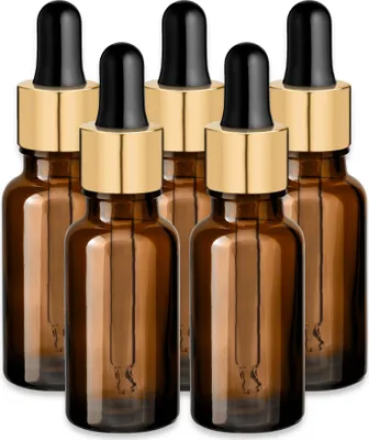 Produktbild von 5x Glasflasche braun 30 ml mit goldener Aluminium Pipette Tropfflasche