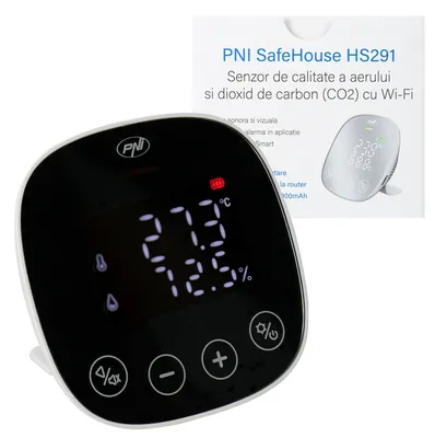 Produktbild von PNI SafeHouse HS291 Luftqualitäts- und Kohlendioxid (CO2)-Sensor mit WLAN, Steuerung über die Tuya Smart-Anwendung, CO2-Überwachung, Temperatur, Luftfeuchtigkeit, Datums- und Uhrzeitanzeige, Einstellu