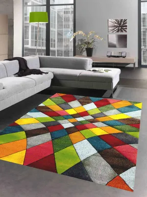 Image de Tapis abstrait pour salon, motif moderne et coloré en losanges, orange, jaune et vert - facile d'entretien - Dimensions : 120 x 170 cm