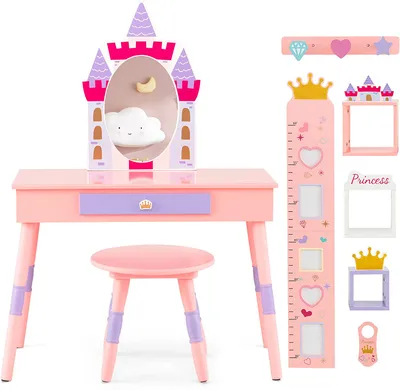 A pink princess-themed vanity table and stool set with various accessories displayed on a white background.