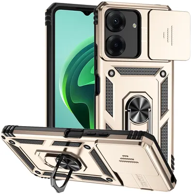 Image de Étui pour Xiaomi Redmi 13C /Poco C65 étui double couche avec couvercle coulissant pour appareil photo et anneau de support Or