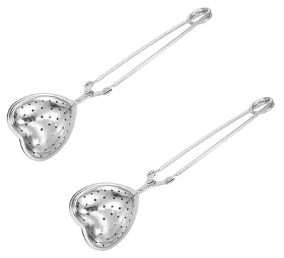 2 Herz-Teefilter aus Edelstahl, langstielig, silber