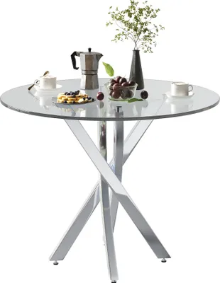 Immagine prodotto di Tavolo da pranzo rotondo, 80×80×75 cm, piano in vetro temperato, gambe zincate, tavolo da salotto, tavolo da pranzo moderno e semplice