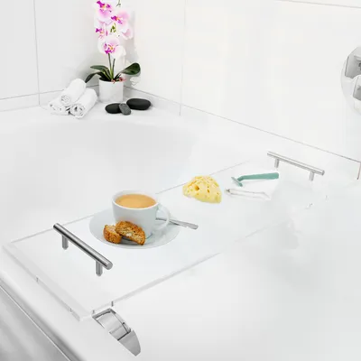 Produktbild von Navaris Badewannenablage aus Acryl Glas - Buch Ablage Weinglas Halterung Badewannentablett - Wannenablage Badewannenbrett Badewannentisch -