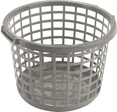A gray plastic laundry basket with a grid pattern.
