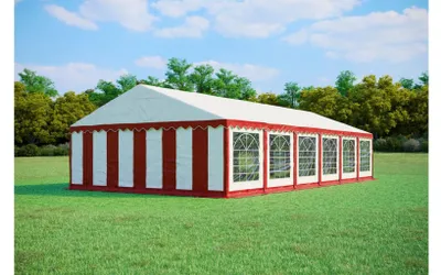 Produktbild von Partyzelt 6x12 m STANDARD PLUS – PVC-Plane 500 g/m², flammhemmend, verzinkte Stahlrohre Ø38 mm, bis 150 Personen - Rot-Weiß