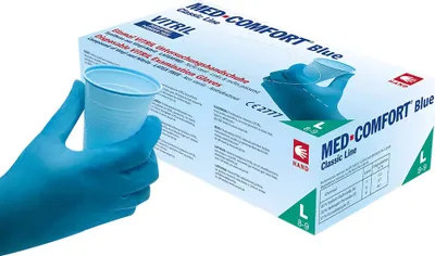 Obrázok produktu pre Jednorazové rukavice Med Comfort Blue Vitril veľkosť XL modré Vinyl-Nitril Gem. 100 ks/box