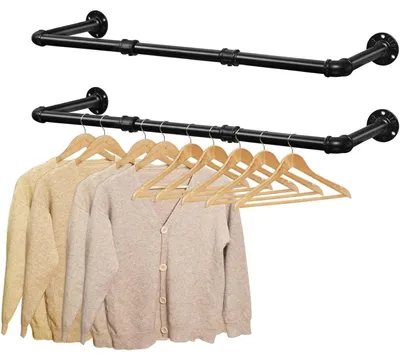 Productafbeelding van Kledingroede, set van 2, wandmontage, 104 cm, zwart, industriële buis, afneembaar