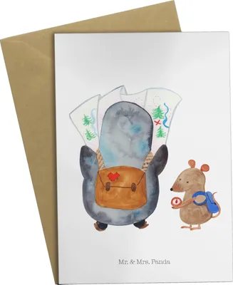 Produktbild von Mr. & Mrs. Panda Grußkarte Pinguin & Maus Wanderer - Weiß - Geschenk, Abenteuer, Wandern, einladungskarten, Roadtrip, genesungskarte, weihnachtskarten, Pinguine
