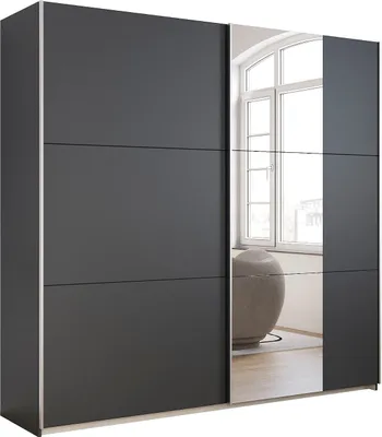 Produktbild von Kleiderschrank Schwebetürenschrank grau mit Spiegel 218 cm 2-türig - KRONACH - Die Möbelfundgrube