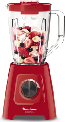 A red Moulinex Blendforce blender filled with fruits.