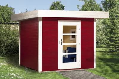 Produktbild von WEKA 172.2424.43000 Gartenhaus/Blockbohlenhaus Lounge 1 /Einzeltür ; Größe: 1 ; Farbgebung: Schwedenrot ; Wandstärke: 28 mm ; Maße (LxBxH): 290 cm x 235 cm x 226 cm ; Seitenwandhöhe: 217 cm