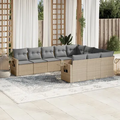 Produktbild von Design 10-tlg. Garten-Sofagarnitur mit Kissen Beige Poly Rattan, Gartenmöbel-Sets 2024 Neu