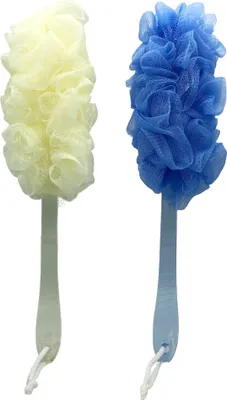 Produktbild von Radami Badeschwamm aus Mesh-Polyester mit Kunststoff-Griff, 2 Stück, Creme, Blau, Gesamtlänge 43cm, Schwammbreite 12cm