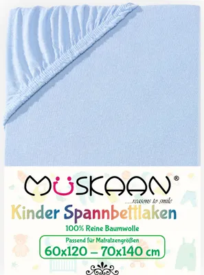 Produktbild von Müskaan Jersey Kinder Spannbettlaken 60x120 - 70x140 cm hellblau bis 12cm Matratzenhöhe Gummizug Bettlaken 100% Baumwolle