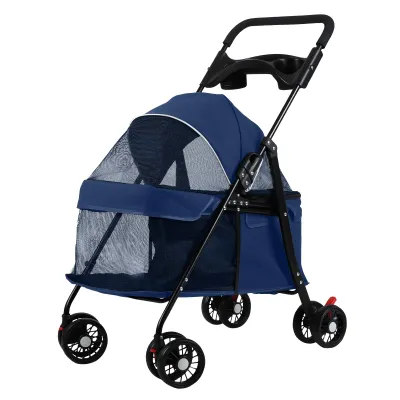 Produktbild von Hunde- und Katzenbuggy mit 4 Rädern, faltbarer Reisebuggy für Haustiere, Hunde- und Katzenkäfigbuggy mit Getränkehalter, atmungsaktives und transparentes Netzgewebe für kleine Hunde