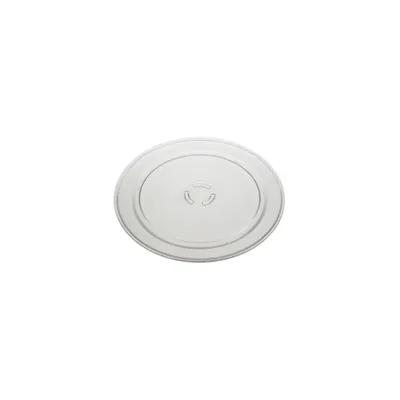 A clear glass microwave turntable plate is shown against a white background.