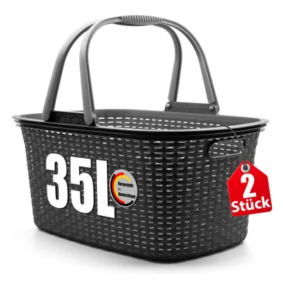 A black laundry basket with handles is shown against a white background.