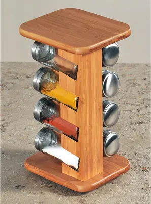 Productafbeelding van Roterend Kruidenrek met 8x Glazen kruiden potjes - Kruidenpotjes Kruidenorganizer - Bamboe Hout - AFM. 15 x 13 x 25.5 Cm.
