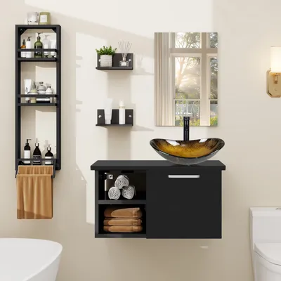 Image de Puluomis Ensemble de meubles de salle de bains avec porte-serviettes, lavabo ovale noir jaune meuble sous-lavabo meuble bas avec miroir salle de bains cuisine