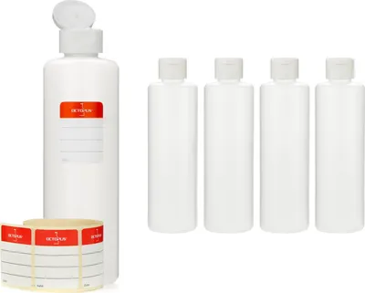 Produktbild von 5 Plastikflaschen 250 ml rund aus HDPE, natur, G25, Klappscharnierverschluss aus PP weiss