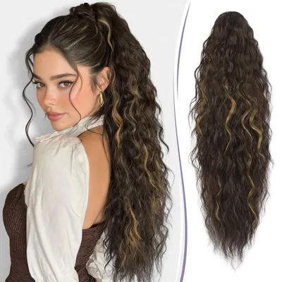 Produktbild von Pferdeschwanz Haarteil mit Klammer 76 cm Wellig Lockig Synthetik Dunkelbraun/Blond