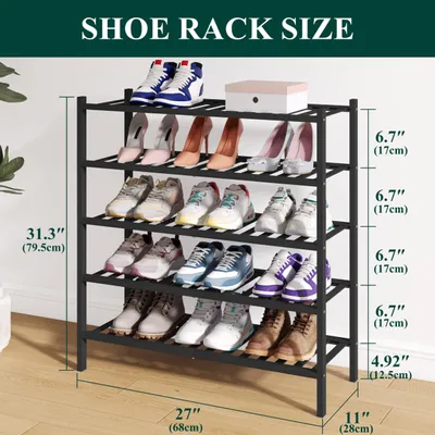 Immagine prodotto di Scaffale per scarpe a 5 ripiani, impilabile, in bambù nero, ideale per l'ingresso