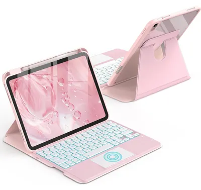 Image de Coque rotative avec clavier pour iPad 11e/10e génération, 11/10,9 pouces, rose clair, avec pavé tactile et éclairage à 7 couleurs