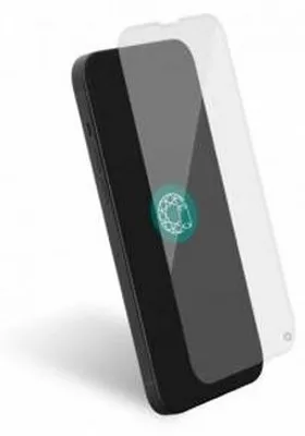 A black smartphone screen protector is shown on a white background, with a faint outline of a second screen protector behind it.