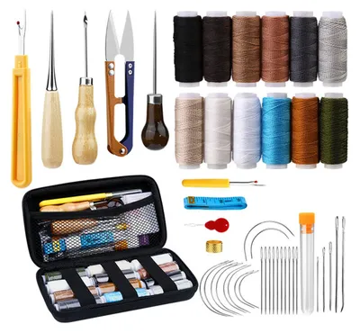 Produktbild von 48 PCS Leder NäHset, Leder Werkzeug set Mit 12 Farben NäHgarn, Auswerferstift, NäHnadeln, Ahle und NäHentferner Multifunktional DIY LedernäHset