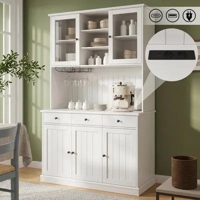 Produktbild von Buffetschrank 120 x 40 x 191 cm mit Glastüren, Gläserhalter, Steckdosen, USB-A und USB-C, verstellbaren Einlegeböden, Weiß