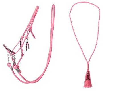 A pink horse halter and lead rope are displayed against a white background.