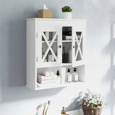 Produktbild von Badezimmerschrank hängend, Hängeschrank mit 2 Türen & offenem Fach & verstellbarem Regal, Medizinschrank, Wandschrank für Badezimmer, Wohnzimmer, Küche, 54 x 20 x 60 cm
