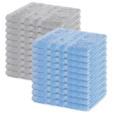Produktbild von Lavea® 20er Seiftuch Set 30x30 cm, 100% Baumwolle Frottier, Gästehandtücher & Waschlappen, waschbar 60°C, Serie Elena, Bad & Gäste-WC, Delphinblau & Silber