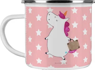Produktbild von Mr. & Mrs. Panda Camping Emaille Tasse Einhorn Koffer - Rot Pastell - Geschenk, Erwachsen, becher, Emailletasse, Unicorn, Einhörner, Kaffeepott, Gepäck, Haferl, Abenteuer
