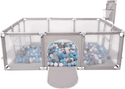 Obrázok produktu pre Selonis Detská ohrádka Detské veľké ihrisko so 100 loptičkami Ohrádka pre deti, sivá: sivá/biela/priehľadná/babyblue