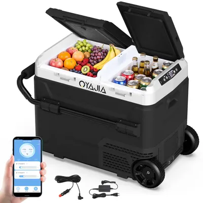 Produktbild von 55L Kompressor Kühlbox mit Bluetooth-App, 2× UNABHÄNGIGE Temperaturregelung (-20°C bis 20°C), 12V/24V/230V, Rollen & USB-Anschluss, Leise (45 dB) für