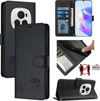 Produktbild von Leder Hülle für Honor Magic6 Pro Süße Katze Flip Case Brieftasche Schutzhülle mit Standfunktion Schwarz