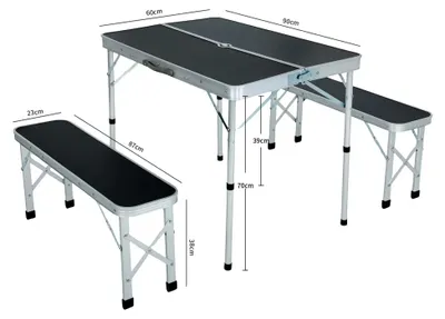 Produktbild von Campingtisch mit 2 Klappbänken - Aluminium - Zusammenklappbar - Schwarz