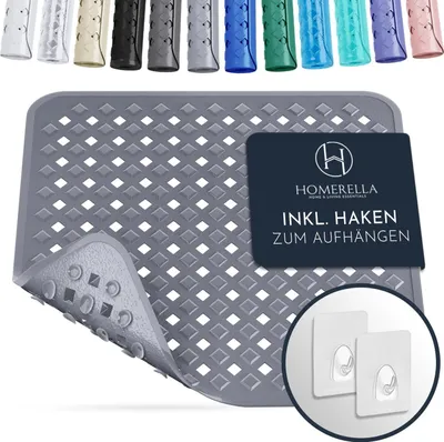 A gray Homerella bath mat is shown on a white background, with a dark blue label indicating it includes hooks for hanging.