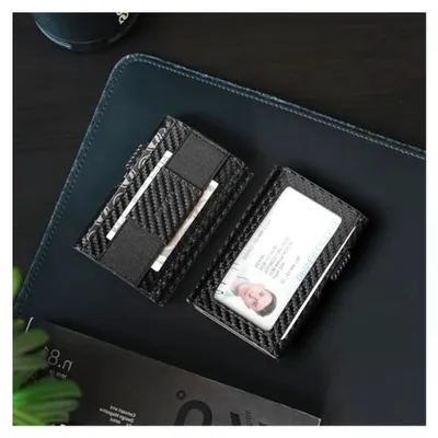 Produktbild von Slim Wallet aus Leder mit Ausweisfenster und Geldklammer, automatisches Pop-Up Kreditkartenetui aus Aluminium, RFID/NFC Blocker