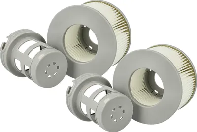 Two filter cartridges and two filter housings for a swimming pool.