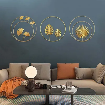 Produktbild von Set mit 3 Wandskulpturen aus Metall – Goldene Ginkgoblätter – Palmenblätter – Runde Wanddekoration – Dekoration für Zuhause, Büro, Wohnzimmer, Hotel