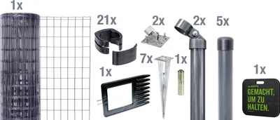 A collection of fence components laid out on a white background.